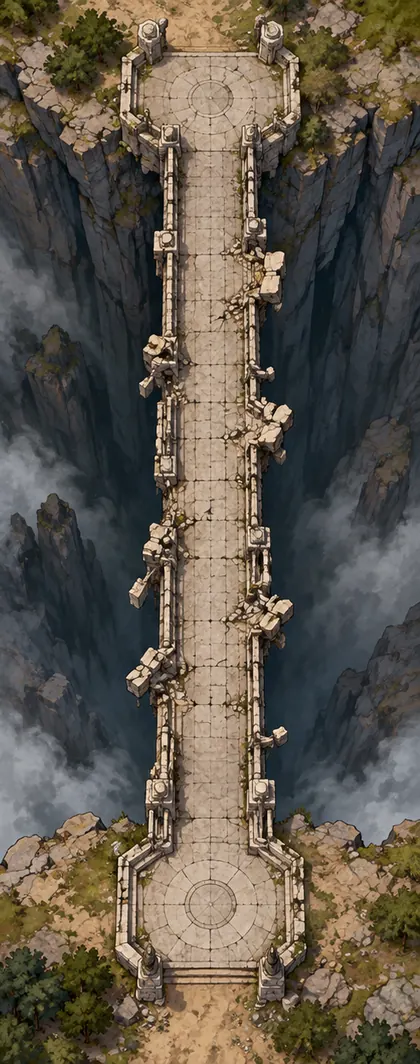 The Span, a long stone bridge over a chasm with a platform at each end