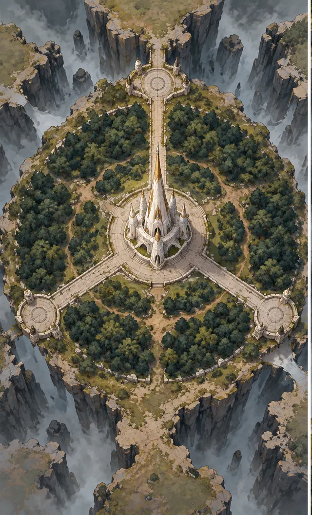 Tower Island, a circular wooded island with the spire at the centre and three approaches